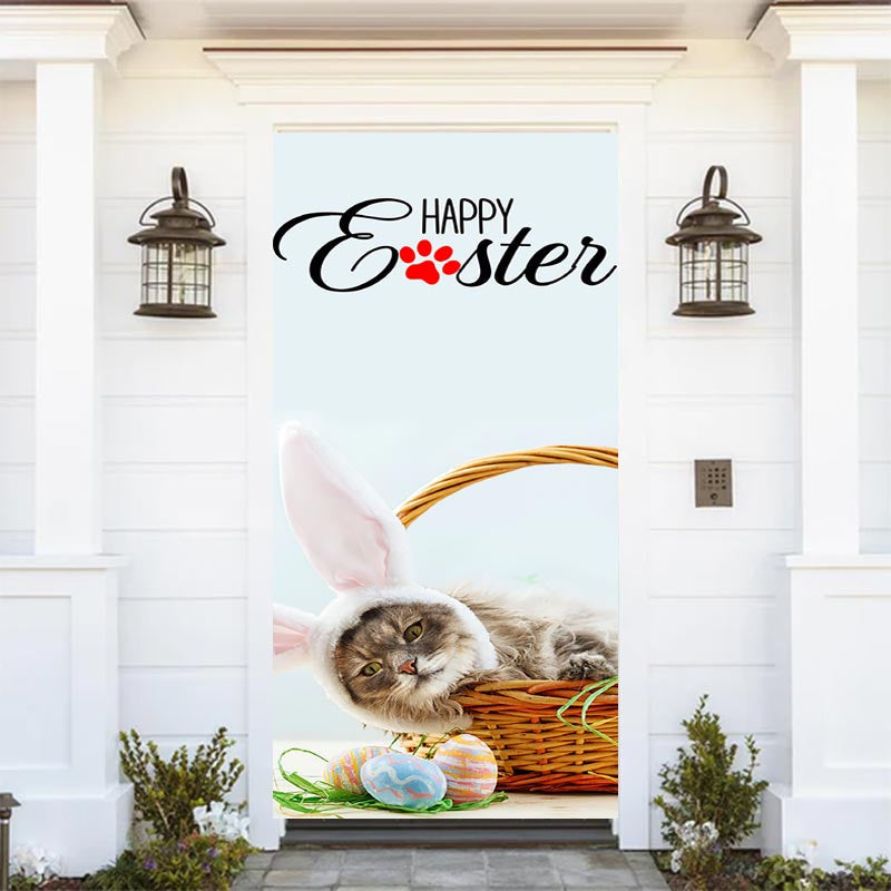 Lofaris Basket Cat With Bunny Ears Happy Easter Door Cover