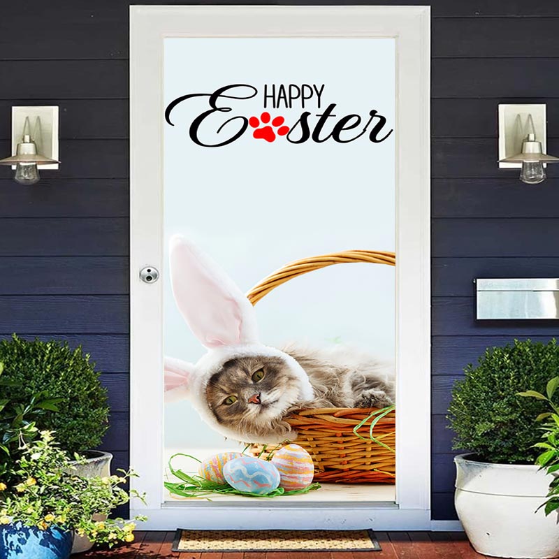 Lofaris Basket Cat With Bunny Ears Happy Easter Door Cover