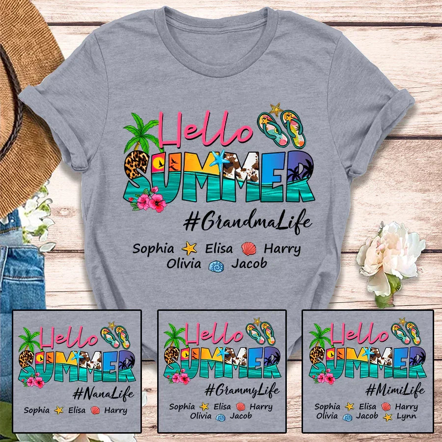 Lofaris Beach Hello Summer GrandmaLife Kids Custom T - Shirt