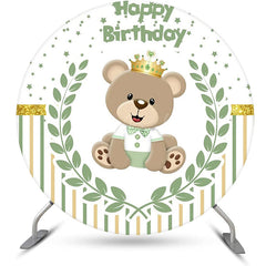 Lofaris Bear Green Leaf Stars Stripe Round Birthday Backdrop
