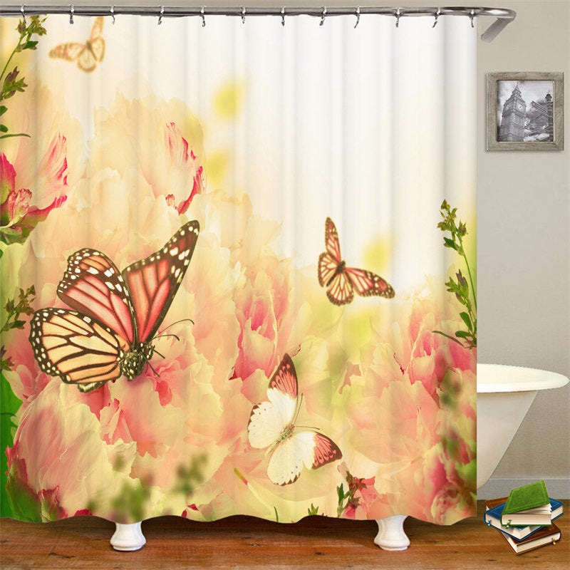 Lofaris Beautiful Yellow Butterfly Flower Bathtub Curtain
