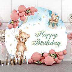 Lofaris Beige Blue Balloon Bear Star Round Birthday Backdrop