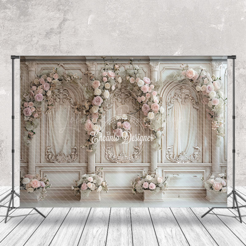 Lofaris Beige Retro Luxury Wall Pink Floral Wedding Backdrop
