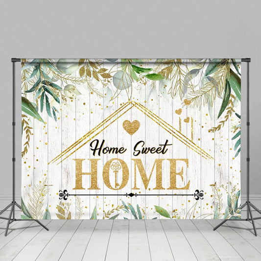 Lofaris Beige Wood Gold Green Leaf Dot Housewarming Backdrop