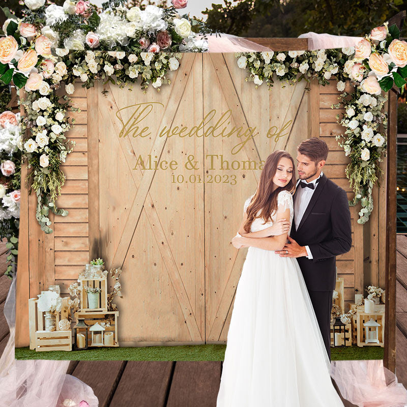 Lofaris Beige Wooden Door With White Flowers Wedding Backdrop