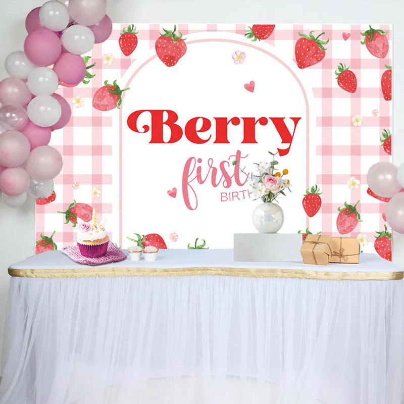Lofaris Berry First Birthday Pink Plaid Backdrop for Girl