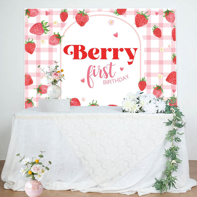 Lofaris Berry First Birthday Pink Plaid Backdrop for Girl