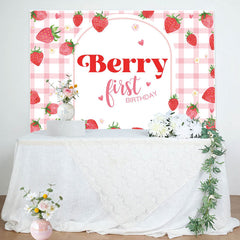 Lofaris Berry First Birthday Pink Plaid Backdrop for Girl