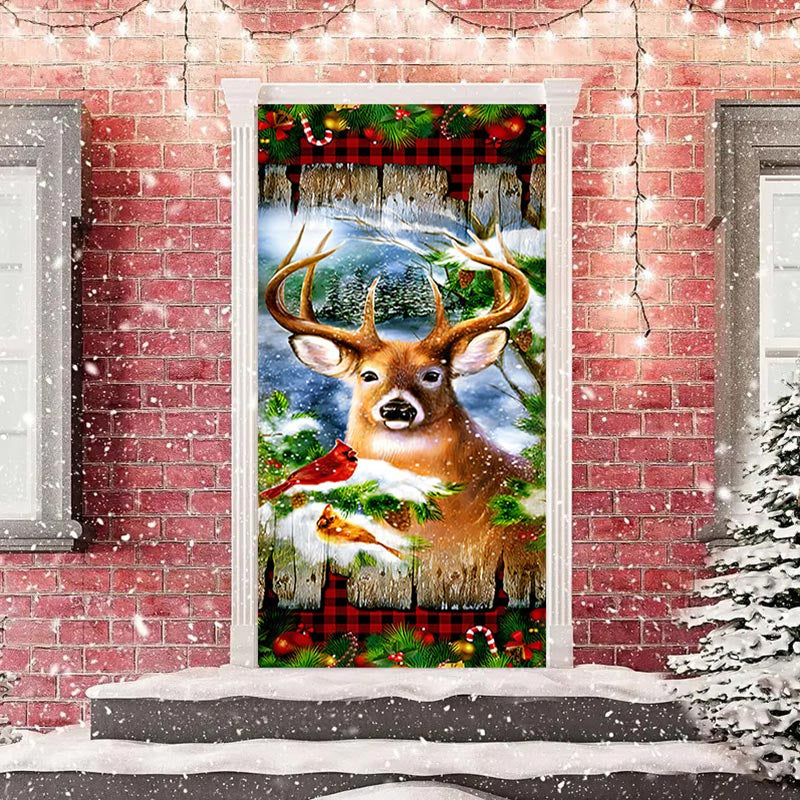 Lofaris Birds Elk Plank Snowy Red Plaid Christmas Door Cover