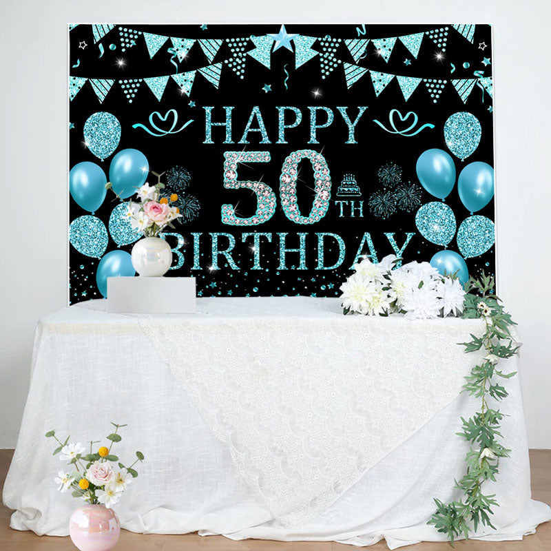 Lofaris Black Cyan Balloons Glitter 50th Birthday Backdrop