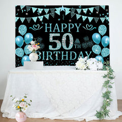 Lofaris Black Cyan Balloons Glitter 50th Birthday Backdrop