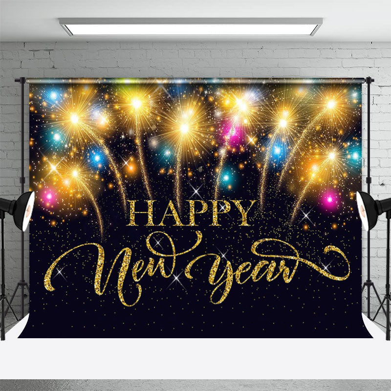 Lofaris Black Glitter Sparkle Gold Happy New Year Backdrop