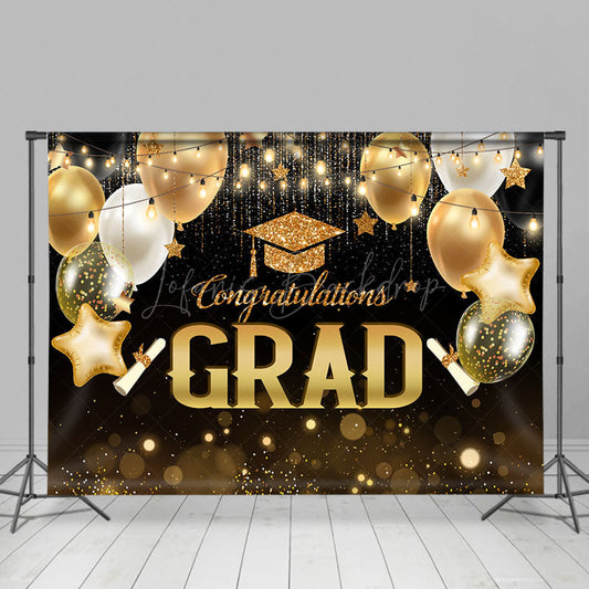 Lofaris Black Gold Balloons Bokeh Congrats Grad Backdrop