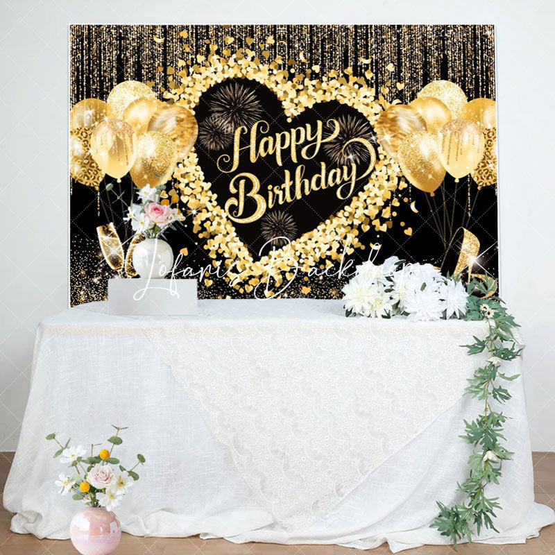 Lofaris Black Gold Glitter Balloons Women Birthday Backdrop