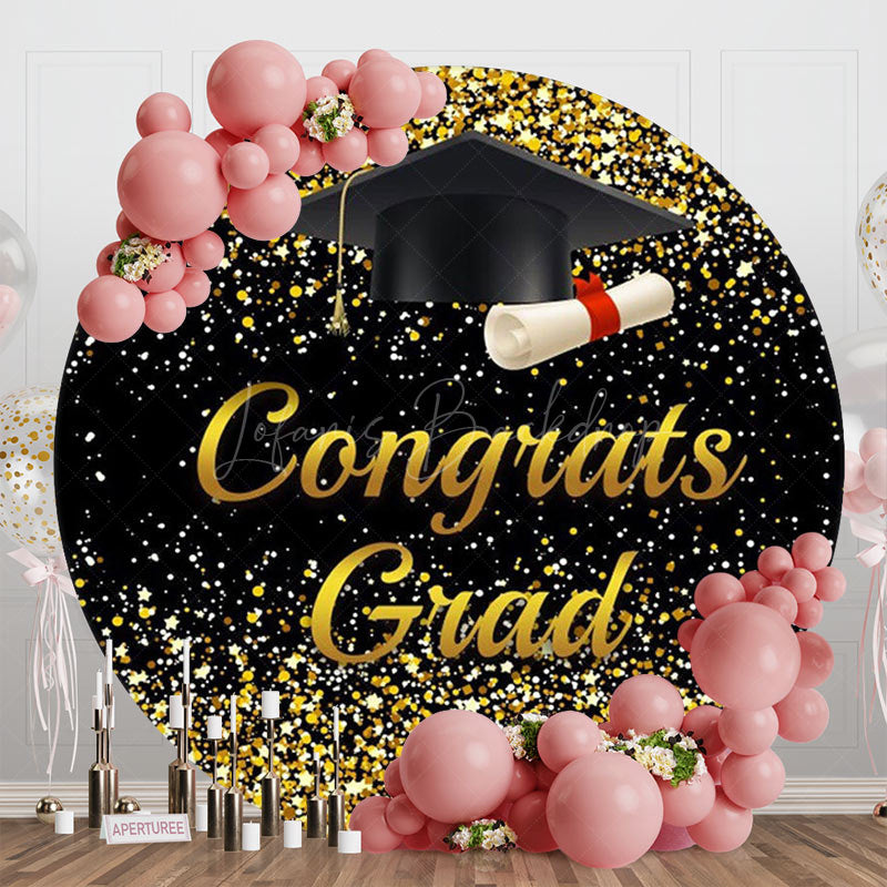 Lofaris Black Gold Glitter Cap Circle Graduation Backdrop