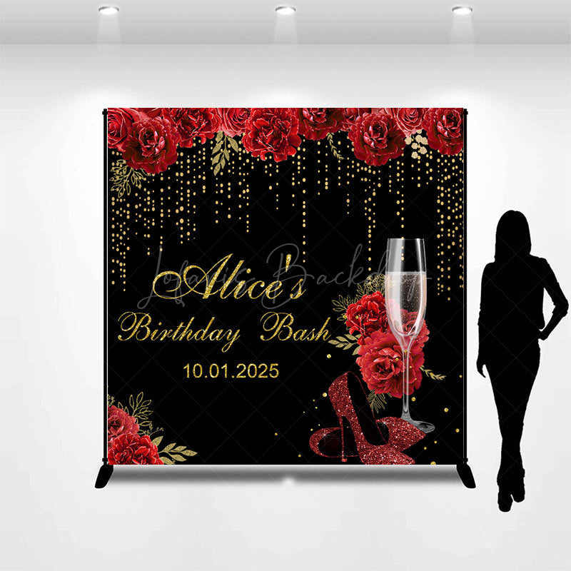 Lofaris Black Gold Red Rose Custom Name Birthday Backdrop