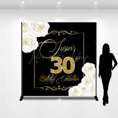 Lofaris Black Gold White Rose Custom 30th Birthday Backdrop