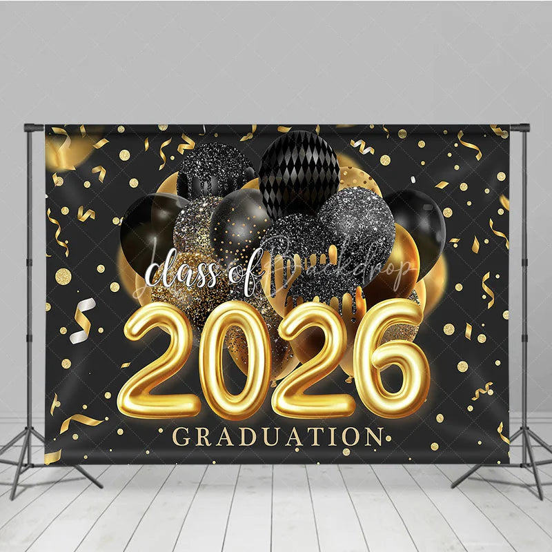 Lofaris Black Golden Ribbon Glitter Balloon Graduation Backdrop