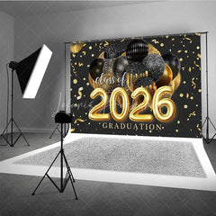 Lofaris Black Golden Ribbon Glitter Balloon Graduation Backdrop