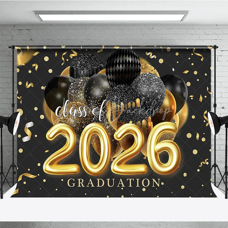 Lofaris Black Golden Ribbon Glitter Balloon Graduation Backdrop
