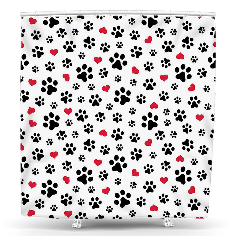 Lofaris Black Paw Prints Red Heart Repeat Shower Curtain