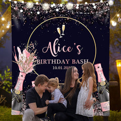 Lofaris Black Pink Champagne Glitter Custom Birthday Backdrop