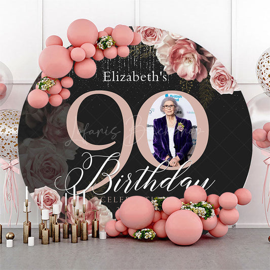 Lofaris Black Pink Floral Round 90th Birthday Party Backdrop
