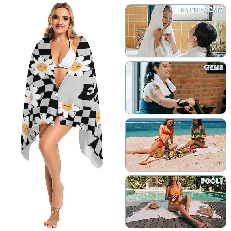 Lofaris Black Plaid Daisy Floral Custom Name Beach Towel