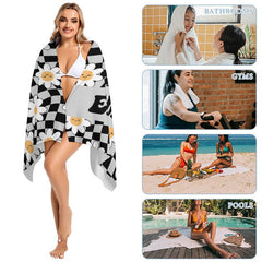 Lofaris Black Plaid Daisy Floral Custom Name Beach Towel