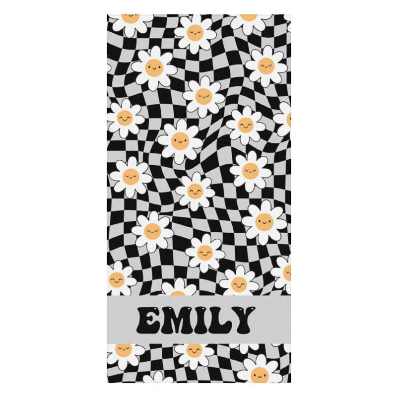 Lofaris Black Plaid Daisy Floral Custom Name Beach Towel