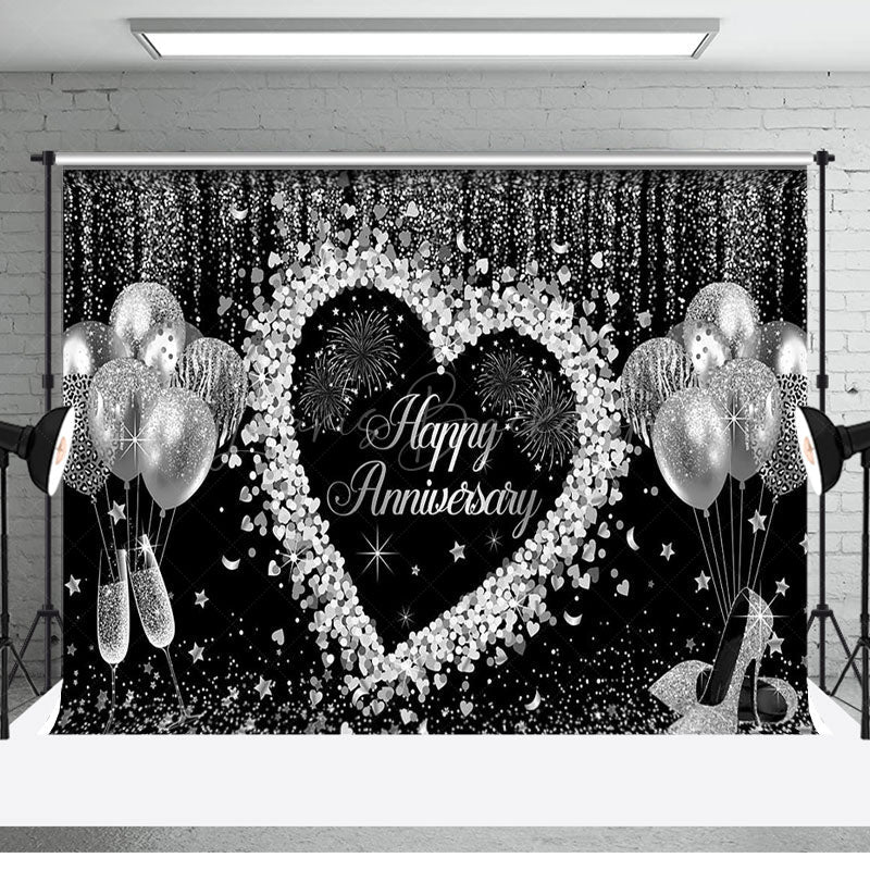 Lofaris Black Silver Balloons Happy Anniversary Backdrop