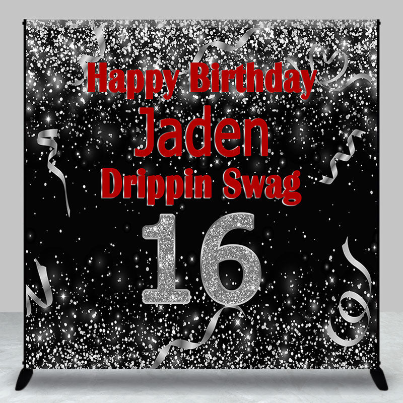 Lofaris Black Silver Glitter Custom 16th Birthday Bakcdrop
