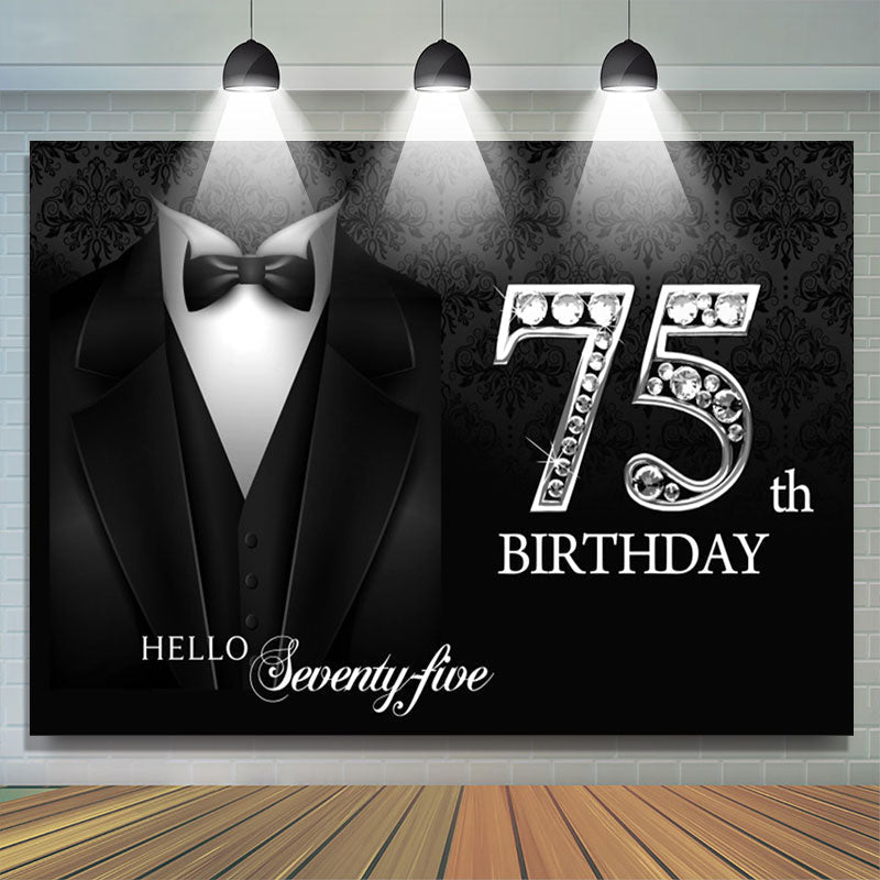 Lofaris Black Suit Elegant Hello 75th Birthday Backdrop