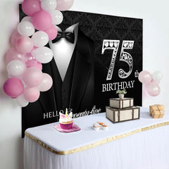 Lofaris Black Suit Elegant Hello 75th Birthday Backdrop