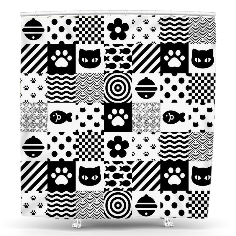 Lofaris Black White Claw Print Cats Fish Shower Curtain