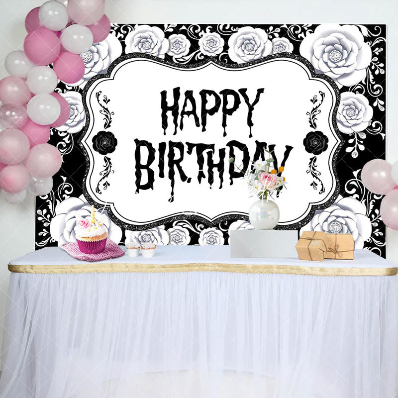 Lofaris Black White Floral Halloween Happy Birthday Backdrop