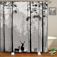 Lofaris Black White Misty Forest Deer Art Shower Curtain
