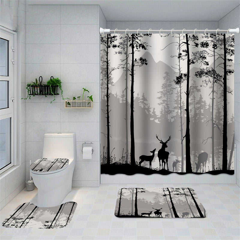 Lofaris Black White Misty Forest Deer Art Shower Curtain