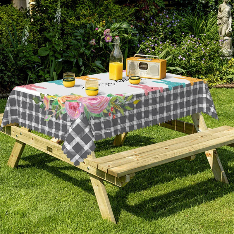 Lofaris Black White Plaid Rabit Flowers Rectangle Tablecloth