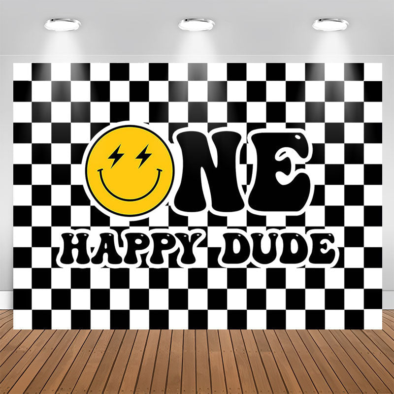 Lofaris Black White Plaid Smiling Face 1st Birthday Backdrop