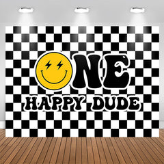 Lofaris Black White Plaid Smiling Face 1st Birthday Backdrop