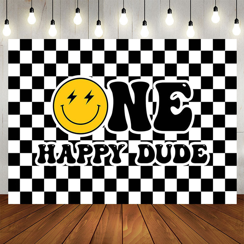 Lofaris Black White Plaid Smiling Face 1st Birthday Backdrop