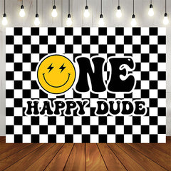 Lofaris Black White Plaid Smiling Face 1st Birthday Backdrop