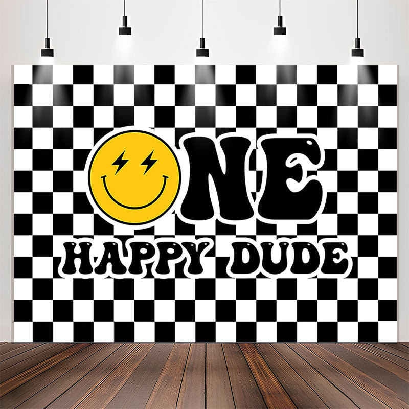 Lofaris Black White Plaid Smiling Face 1st Birthday Backdrop