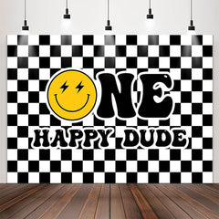 Lofaris Black White Plaid Smiling Face 1st Birthday Backdrop