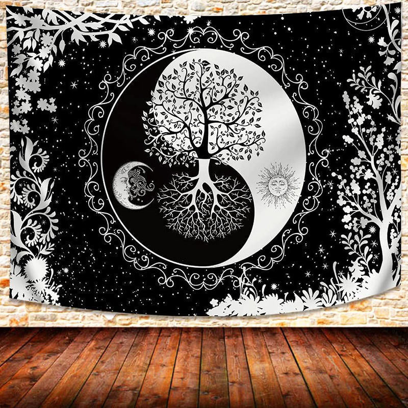 Lofaris Black White Tree Of Life Moon Sun Tai Chi Tapestry