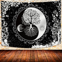 Lofaris Black White Tree Of Life Moon Sun Tai Chi Tapestry