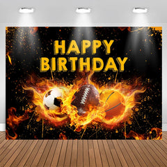 Lofaris Black Yellow Fire Sports Happy Birthday Backdrop