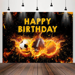 Lofaris Black Yellow Fire Sports Happy Birthday Backdrop