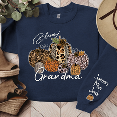 Lofaris Personalized Blessed Grandma Vintage Fall Leopard Pumpkin And Grandkids Sweatshirt